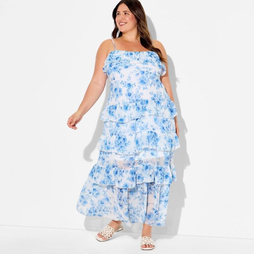 Women's Flounce Tiered Maxi A-Line Dress - Wild Fable White Floral XXL